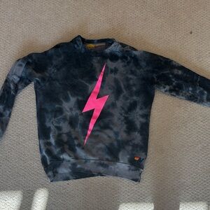 Aviator Nation Black Tie-Dye Sweatshirt with Pink Lightning Bolt